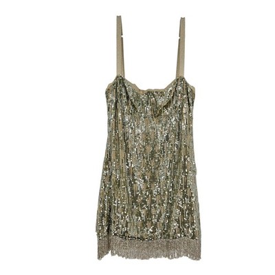 Alexis Izabell Sequin Dress Gold Beaded Fringe Hem Mini Cocktail Club Size L