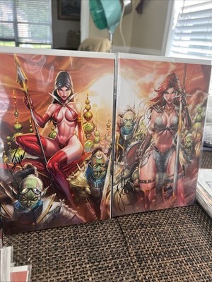 Red Sonja #1 and Vampirella #2 Connecting Cover Set CAVE Variants Signed W Coa