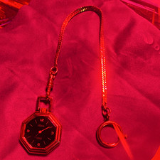 Regine Quartz Pocket Watch Polished Octagon Black Dial Chain