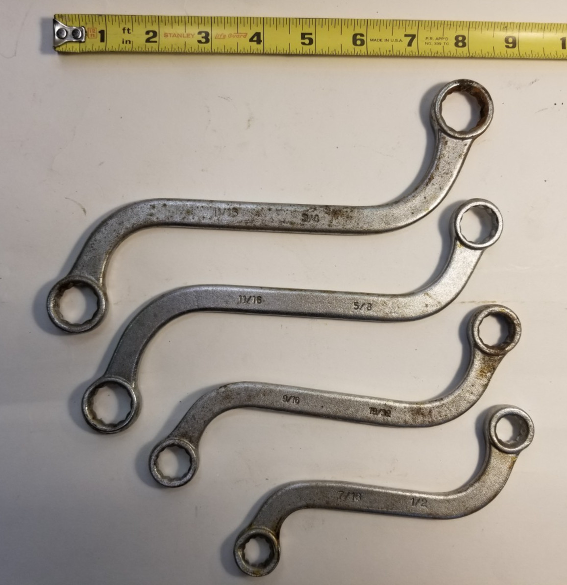6 Curved Box End Wrenches: 4 S-Shaped, 2 C-Shaped, US Sizes, Double End, Used
