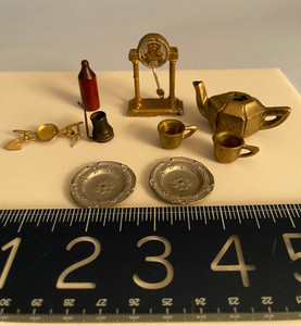 RARE Antique DOLLHOUSE miniatures incl German Gerlach clock, metal, wood more