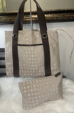Authentic BVLGARI Logomania Canvas Leather Tote Bag Handbag Beige Brown W/ Pouch