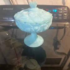 Vintage Fenton Blue Satin Glass Water Lily Covered Pedestal Candy Dish Compote