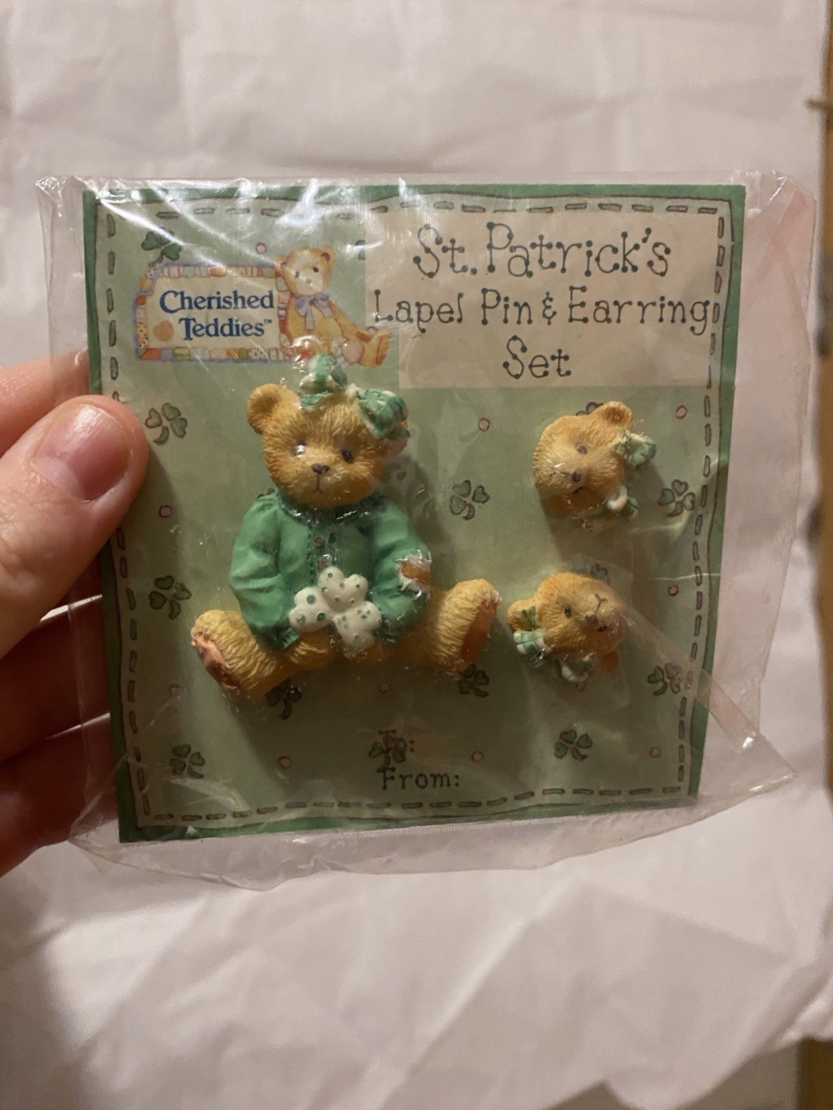 Enesco Cherished Teddies St. Patrick's Day lapel pin and earring set