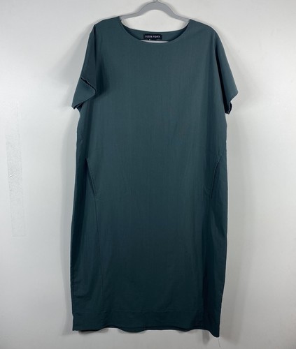 Eileen Fisher Dress XL Green Shift Short Sleeve Pockets Casual