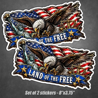 Land of the Free Patriotic Eagle American Flag Bumper Stickers 2pk Vinyl Decals