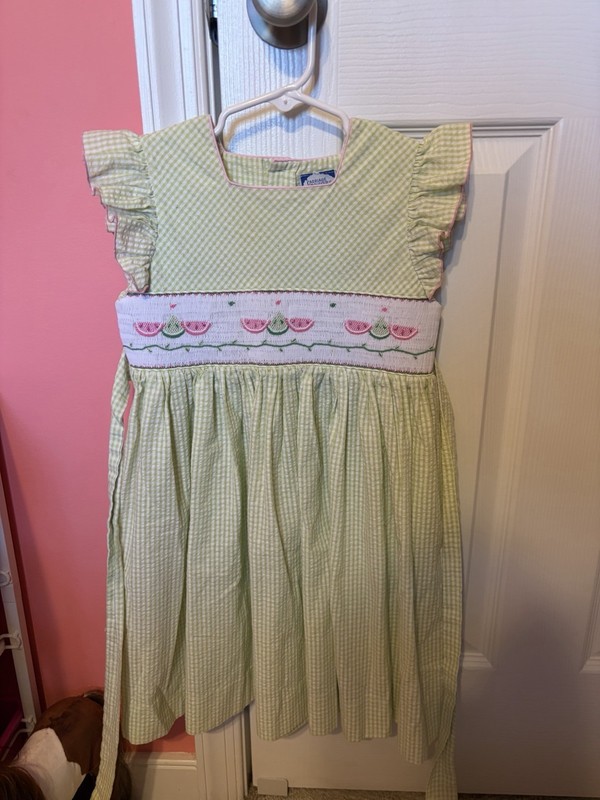 Carriage Boutique Girls 5Y Green Gingham Smocked Embroidered A-Line Knee Dress