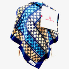 New In Box Lanvin 100 Silk Scarf Satin 32" Blue Beige Black Green Bock color 60