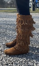 Minnetonka Boots Womens Sz 7 Tall Suede Fringe Moccasin Brown Zipper