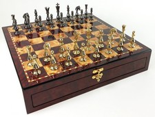 BRASS METAL Spike Qn Staunton Chess Set Gold  Black Cherry Color Storage Board