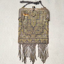 Vintage Art Deco Silver Gold Metal Mesh Fringe Evening Bag w/ Chain Strap