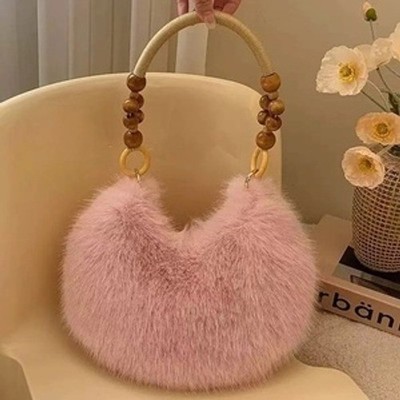 Pink Faux Fur Hobo Handbag with Beaded Wood Handle Crescent Plush Bag Boho Chic