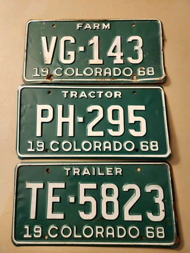3 Diff Colorado 1968 Farm Tractor Trailer Specialty License Plates Lot