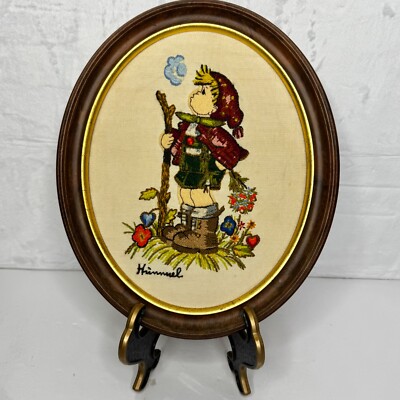 Goebel Hummel Hand Stitched Crewel Embroidery Peasant Boy Completed Oval Wood