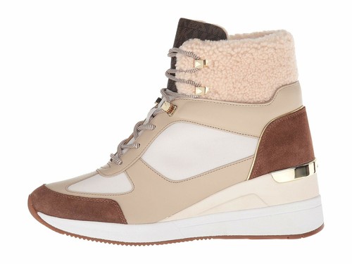 Michael Kors Liv Bootie Canvas Wedge Cream Dark Caramel Sneakers Size 9.5 - Picture 2 of 7