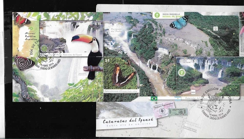 J4037 ARGENTINA 2014 IGUAZU WATERFALL BIRDS,BUTTERFLIES FLOWERS BL138 FDC 3 SCAN