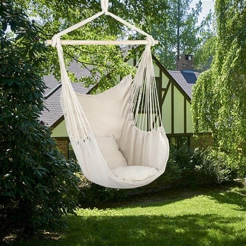 Hanging Chair Cotton Canvas Hanging Rope with 2 Pillows Outdoor Hammock, Beige - Picture 10 of 12
