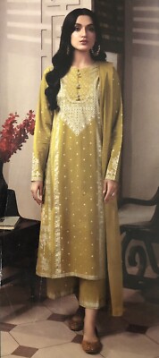 Pakistanischer Designer Cambric Anzug ohne Nähte Paste Printe Original Limette Hell