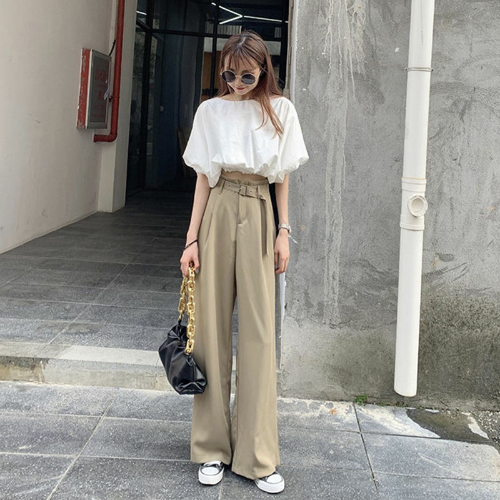 2022 Spring Summer Wide Leg Pants Women Korean Fashion with Belt Loose Pants  | eBay