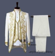3PC Gold Embroidery Mens Suits Groom Tuxedos Wedding Coat Vest Pants One Button