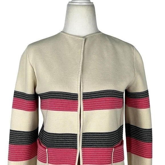TALBOTS WOMENS FITTED BLOCK STRIPED CARDIGAN WITH POCKETS - Image 2 of 4