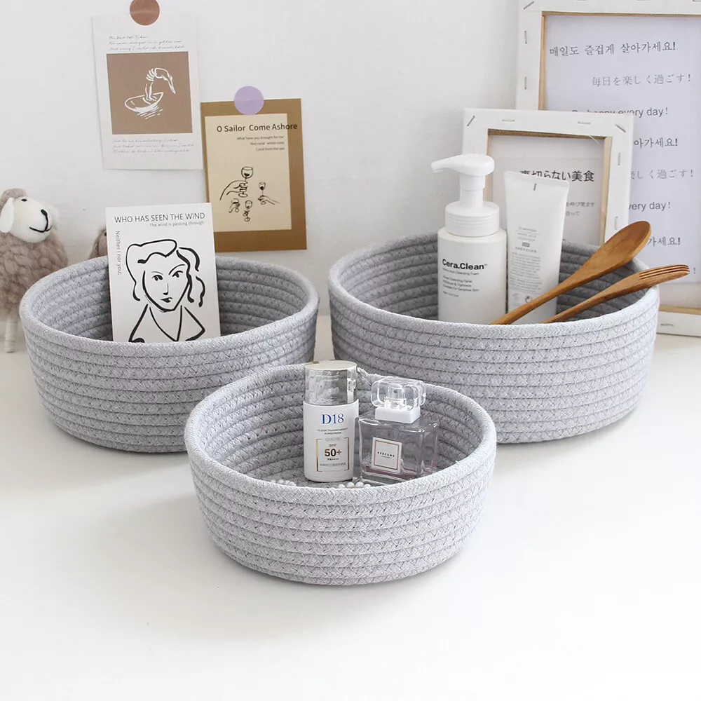 3X Rope Storage Baskets For Organizing Small Cotton Woven Decorative Basket  grey