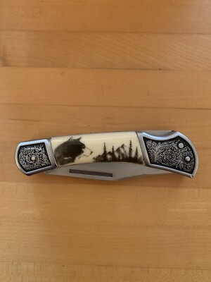 Lockback Folding Pocket Knife w/Decorative Wolf Scene on Handle ***Used***