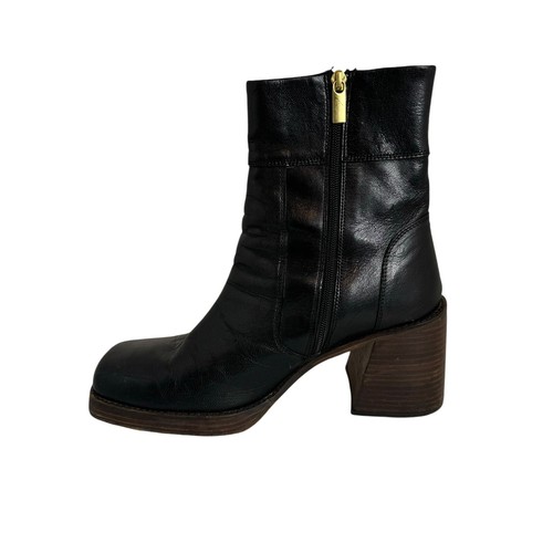 Asos Design Platform Boots Women Size 10 Black Square Toe Block Heel 90s Leather - Picture 3 of 7