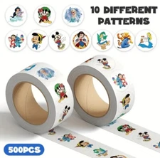 500 pcs Sticker Roll Mickey Princess Pooh Stitch Semi Gloss Self Adhesive