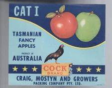 FRUIT BOX LABEL , TASMANIA ,COCK BRAND TASMANIAN FANCY APPLES , CRAIG MOSTYN
