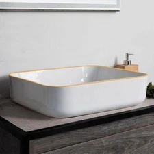 Rectangular Vessel Sinks with Gold Rim 20"x16" Ceramic Art Bathroom Vessel Sink