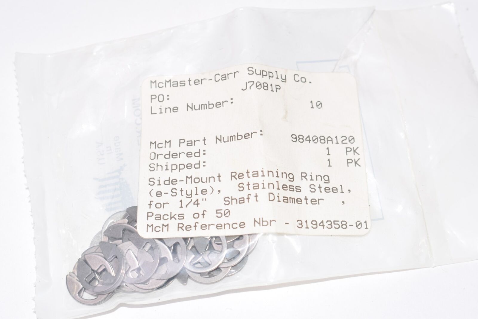 Lot of NEW McMaster 98408A120 Side Mount Retaining Rings, E-Styl