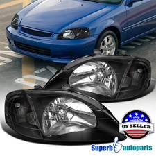 Fits 1999-2000 Honda Civic Ek Ex Lx Si Headlights Black Head Lamp 99-00 Pair