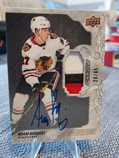 2019-20 UD Engrained Rookies Adam Boqvist RPA /65 On Card Auto Tri Color Patch
