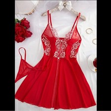 Red  White, Sheer, Lace, Lingerie Slip