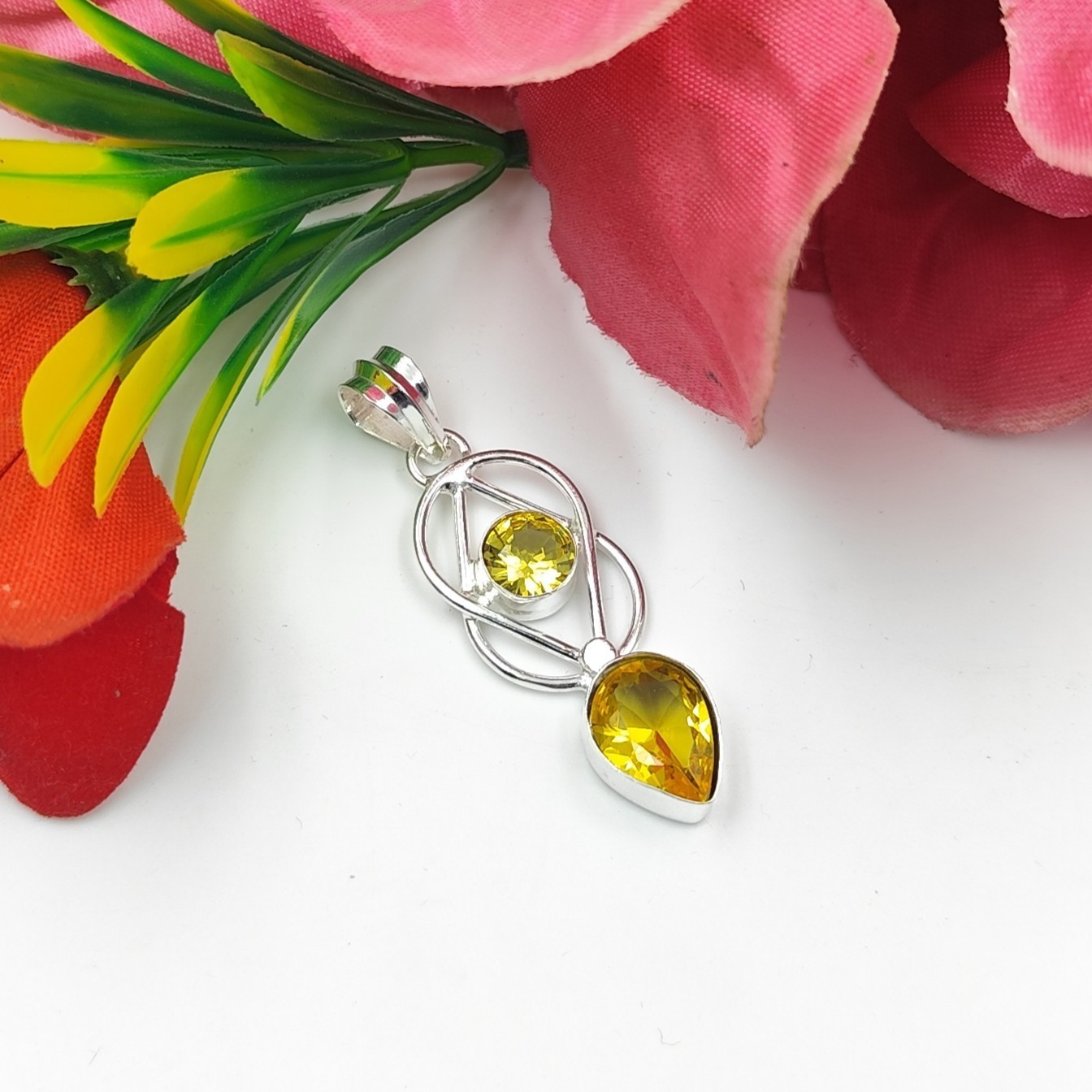 Yellow Citrine Gemstone Handmade 925 Sterling Silver Jewelry Pendant Size-2.25