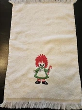 Vintage Christmas Embroidered Raggedy Ann Candy Cane Hand Towel by Sayco 70's
