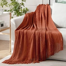 Rust Knitted Throw Blanket for Couch Terracotta Boho Textured Cozy Woven Rustic 