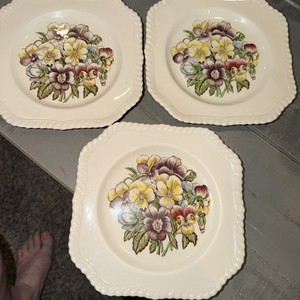 Set of 3 Johnson Bros Pansy Old Flower Prints Square Salad Plates 7 1/2" Vintage