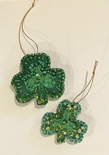 SET OF 2 Fancy Green Felt St. Patrick  s Day Holiday Shamrock Ornaments handmade