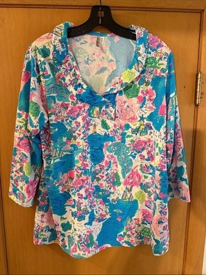 Lulu B Women s Collar V-Neck Printed Nylon Map Top Blue Pink White Medium