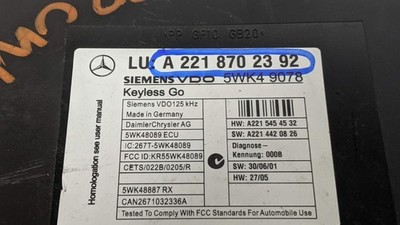 07-10 Mercedes W221 S550 CL550 CL600 S63 AMG Keyless Go Control Module Unit OEM