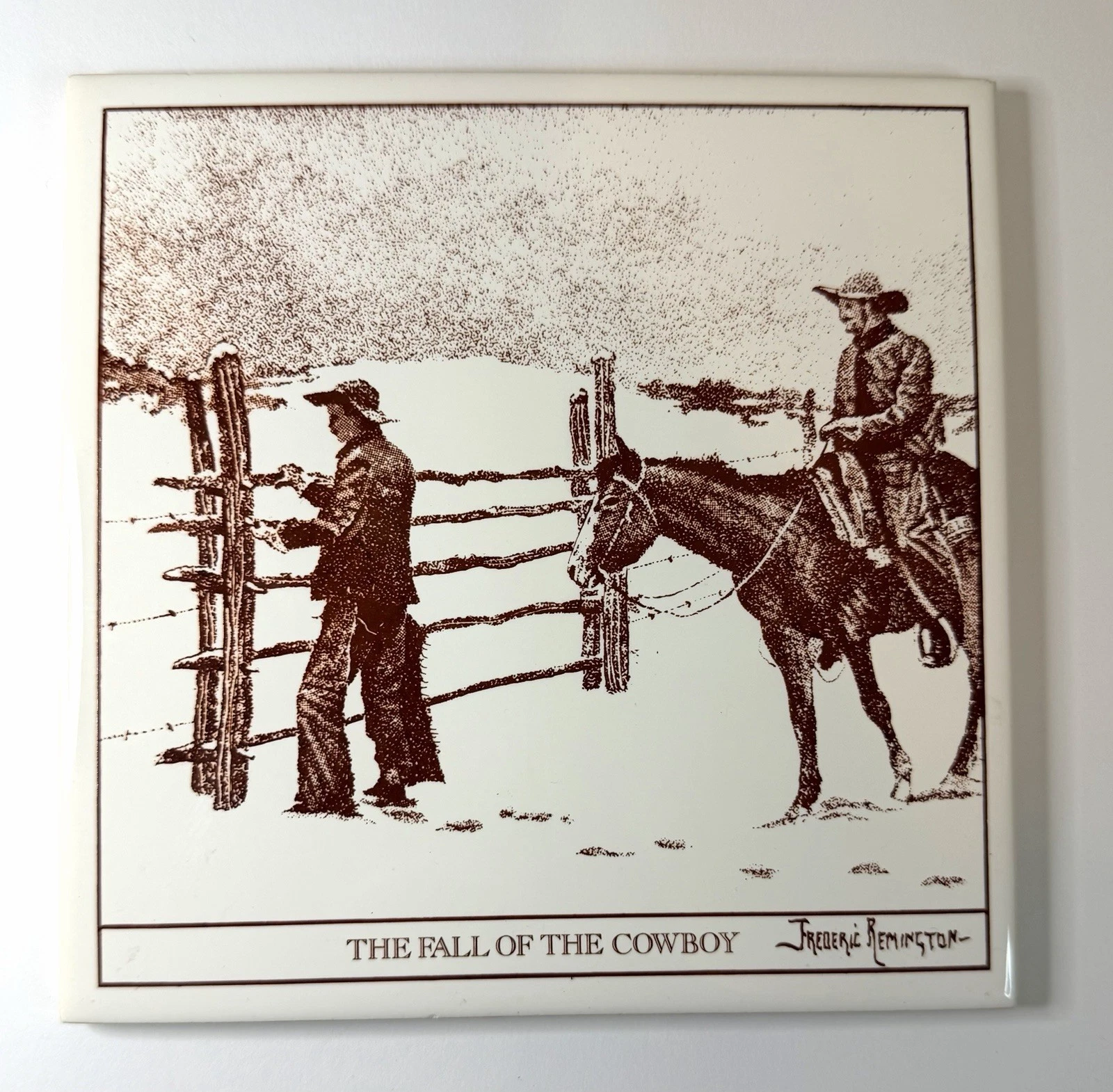 HTF Vintage Frederick Remington Ceramic Tile Trivet 6” Square Western Cowboy image 1