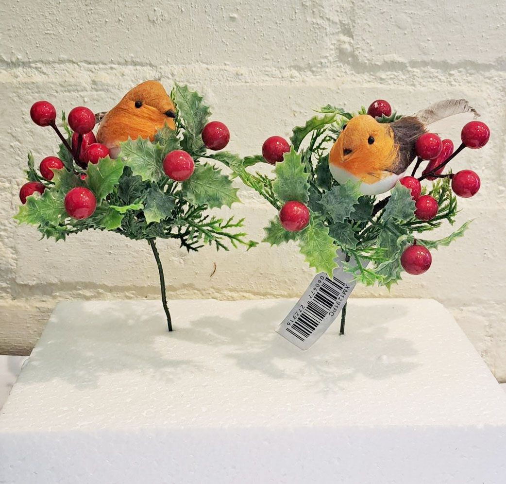Robin Bird Berry Foliage Pick x 2 - 20cm - Sincere Christmas Flower Arranging
