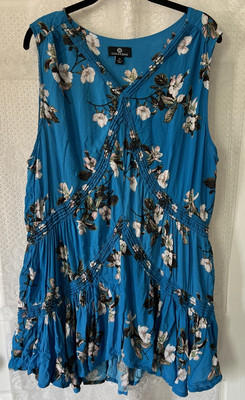 Curations Turquoise Blue Floral Tiered Ruffle Top Plus Size 2X