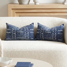 Decorative Lumbar Pillow Covers 12x20 Set of 2, Boho Blue Chenille Accent Rectan