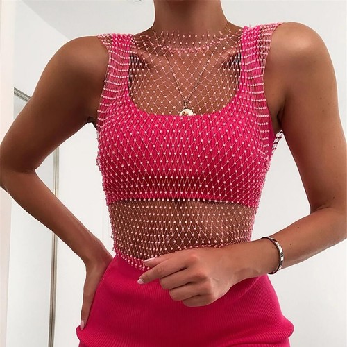 Women Sexy Mesh Tank Tops Rhinestone Glitter See Through Hollow Out Crop Tops - Picture 8 of 57