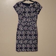 J. Crew Dress Women's 4 Floral Print Textured Blue White Cap Sleeves Zip Up Back