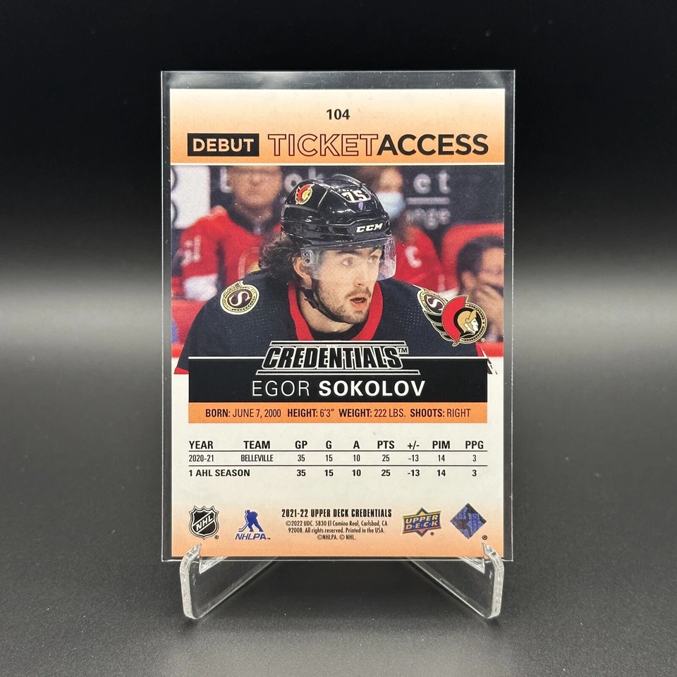 2021-22 UD Credentials EGOR SOKOLOV #104 Debut Ticket Access Orange RC /149 - Image 2 of 4