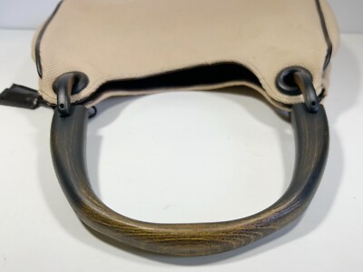 Auth Vintage GUCCI Beige Canvas Leather Trim Wood Handle Tote Bag
